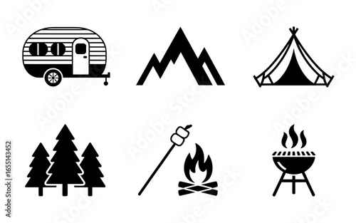 Camping Elements Black and White Icons for Outdoor Adventure and Summer Fun Vector Illustration Graphic Design Resources