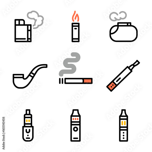 Smoking and Vaping Products Icon Set with Cigarettes Pipes and Vape Pens Representing Diverse Smoking Options and Technologies