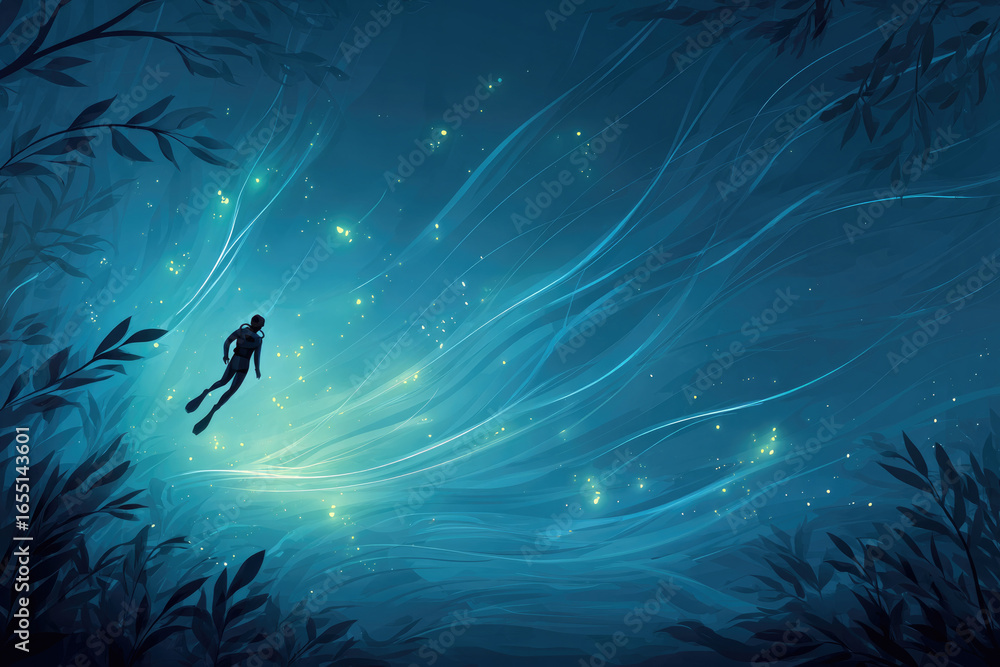 Fototapeta premium Minimalist paper cut style night dive scene with glowing swirls and diver silhouette for artistic design
