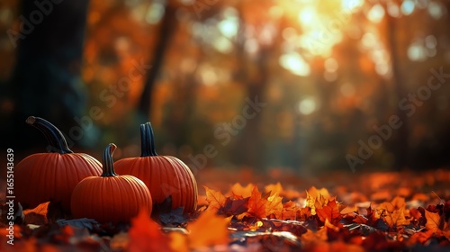 Vibrant Autumn Pumpkins Among Colorful Falling Leaves During a Serene Forest ...