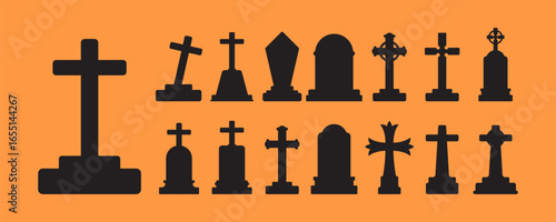 Gravestone and Cross Silhouette Collection Cemetery Tombstone Vector Set