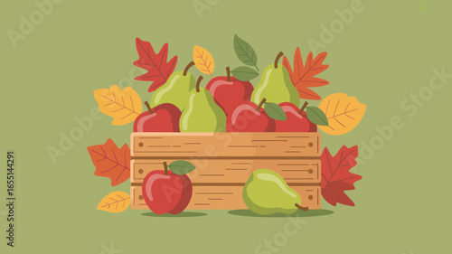 Harvest Time Apples and Pears in Wooden Crate Surrounded by Autumn Leaves a Seasonal Delight