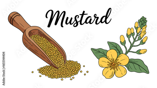 Illustration of mustard seeds in a wooden scoop with flowering mustard plant on a white background kitchen herb and spice illustration