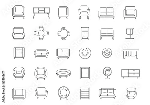Diverse Furniture Line Art Collection for Interior Design and Decoration Visualizations with Varied Seating and Storage Options