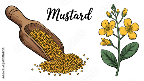 Mustard Seed Vector Illustration with Mustard Flowers and Wooden Scoop Ideal for Culinary and Agricultural Purposes