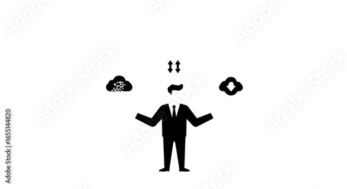 A black silhouette icon of a headless businessman managing cloud computing AI and data transfer.