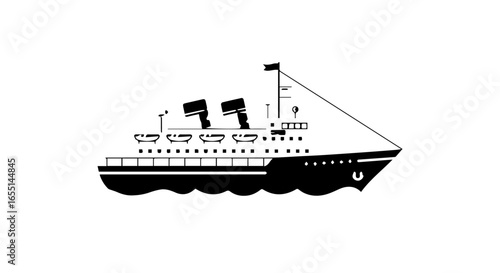 A black silhouette icon of a vintage twofunnel ocean liner sailing on stylized waves.