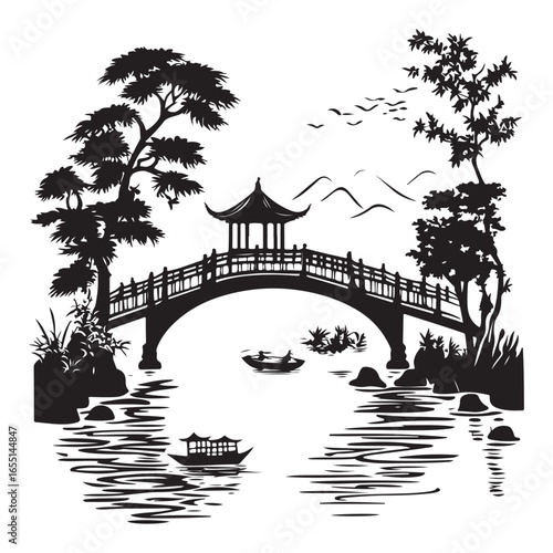 silhouette wooden bridge across the river full black color only