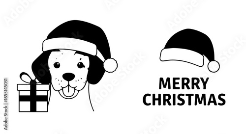 A cheerful cartoon dog in a Santa hat holding a Christmas gift Simple black and white line art illustration with a festive greeting.