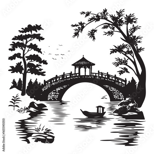 silhouette wooden bridge across the river full black color only