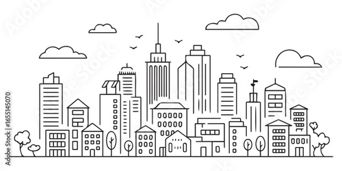 detailed urban street line art cityscape vector design ai eps includes residential commercial buildings skyline