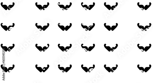 A collection of various black stylized handlebar mustache silhouettes arranged in a seamless repeating pattern.