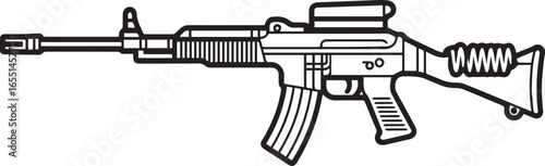 black and white assault rifle line drawing vector illustration for military tactical design