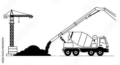 A concrete pump truck pouring wet cement at a construction site with a tower crane black and white line art.