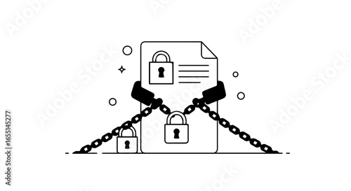 A confidential document secured with heavy chains and three padlocks in a line art style.