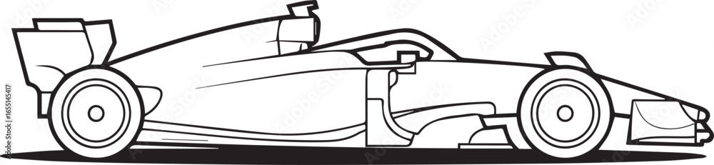 Fototapeta premium black and white formula 1 race car line drawing vector side view illustration showcasing aerodynamic design