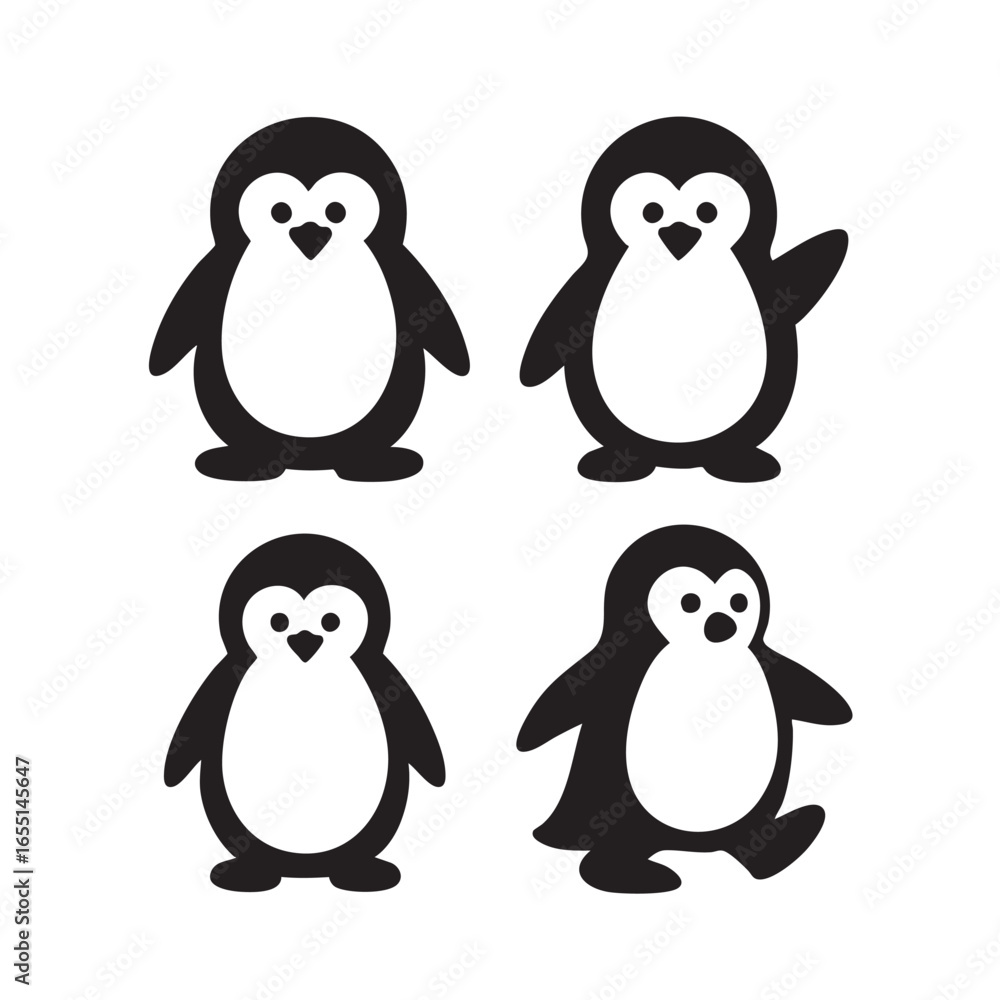 Naklejka premium Vector art of a charming compilation of four adorable penguin illustrations, each displaying a unique pose and expression, capturing their playful nature