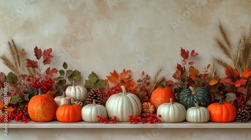 Elegant Autumn Display With Colorful Pumpkins and Seasonal Foliage on a Rusti...