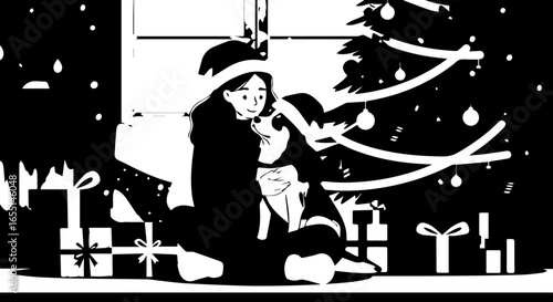 A heartwarming black and white illustration of a girl and her dog in Santa hats sitting by a Christmas tree surrounded by gifts.