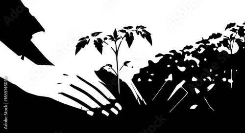 A highcontrast black and white graphic illustration of a hand gently planting a young tomato seedling in a garden bed.