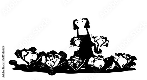 A highcontrast black and white illustration of a female gardener harvesting fresh lettuce from a patch.