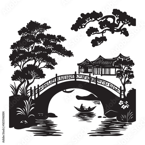 silhouette wooden bridge across the river full black color only