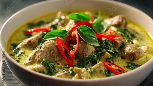 A bowl of green curry with meat, basil, and red pepper