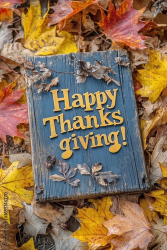 Thanksgiving Sign Surrounded by Colorful Autumn Leaves on a Crisp Fall Day in...