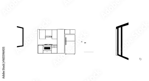 A minimalist black and white line drawing of a modern kitchen with cabinets stove and refrigerator.