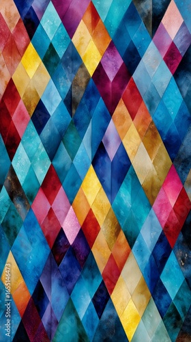 Colorful Geometric Pattern With Diamonds in Shades of Blue, Red, Yellow, and ...