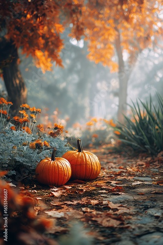 Autumn Landscape Featuring Pumpkins in a Vibrant Garden Setting With Colorful...