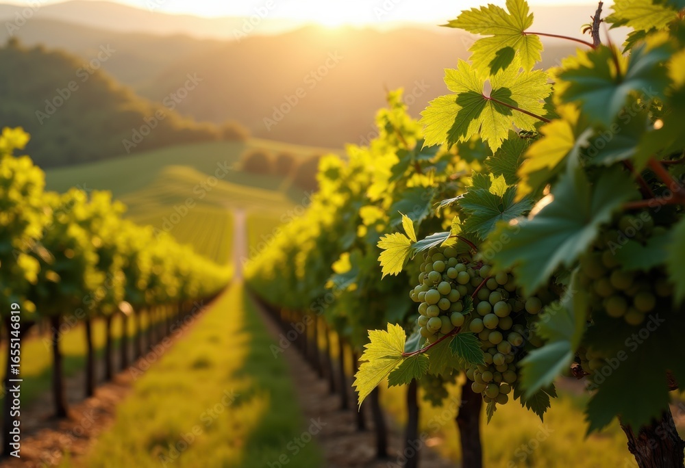 Naklejka premium vibrant vineyard rows bathed sunlight overrolling hillside landscape lush grapes golden light, nature, scenery, field, agriculture, wine, flora, terrain