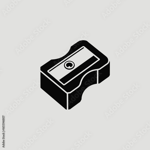 black vector silhouette of a classic pencil sharpener with visible blade slot and slightly angled body