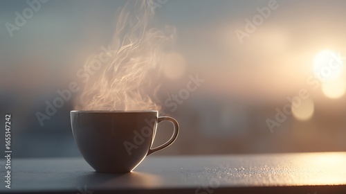 Warm sunrise light on steaming morning of white  coffee cup scene blur background