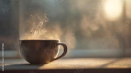 Warm sunrise light on steaming morning coffee cup scene