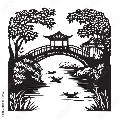 silhouette wooden bridge across the river full black color only