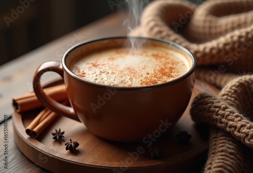 warm spiced chai latte cozy mug comfort winter relaxation aroma cinnamon clove delicious cozy home beverage, vanilla, milk, sugar, cream, foam, ginger, tea