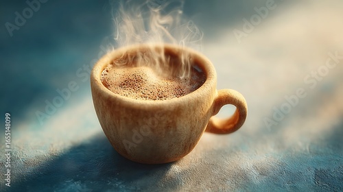 Rustic style handmade ceramic coffee cup with rising steam