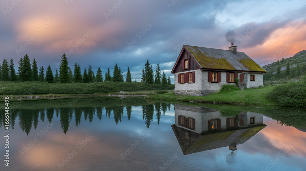 Fototapeta premium Serene mountain cabin reflects in tranquil lake at dusk, evoking peace and isolation.