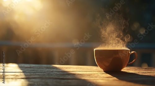 Warm sunrise light on steaming morning coffee cup scene