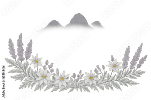 Elegant floral frame with white flowers leaves and mountain silhouettes a peaceful artistic design for greeting cards and invitation templates on transparent Background