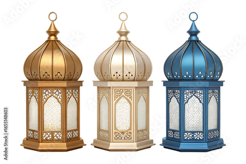 A beautiful collection of three isolated traditional Arabic lanterns in gold, cream, and blue for Ramadan and Eid festival decoration.