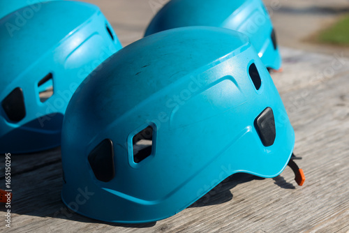 Blue plastic helmet, fall protection, impact protection, climbing, safety, helmet, head protection
