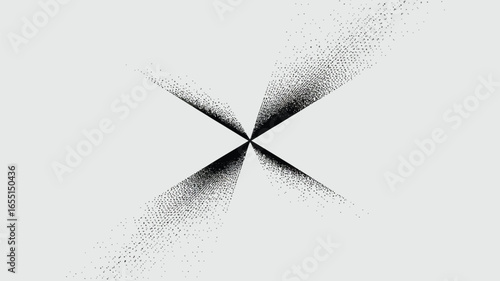 Abstract black and white image featuring a symmetrical pattern of converging lines and scattered dots