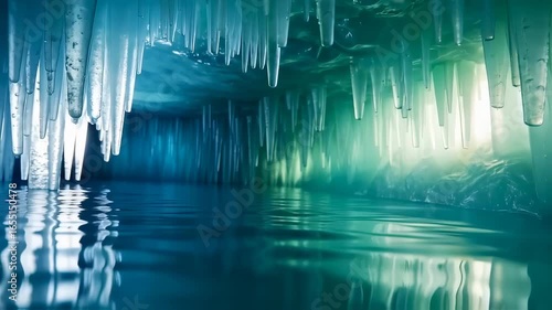 Ethereal Ice Cave: Reflections and Icicles in a Frozen Underwater World