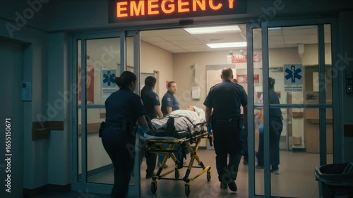 Emergency room arrival: paramedics swiftly transport patient to hospital care