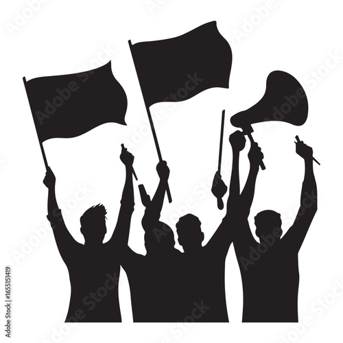 Crowd of people with raised fists and flags protesting or celebrating together