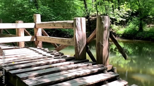 Wooden Bridge Over Serene Water in Lush Green Forest