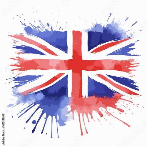 Union Jack watercolor splash design, British symbol with paint drips and vibrant colors
