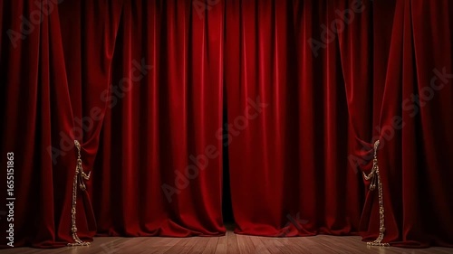 Dramatic red velvet theater curtains part to reveal an empty stage with polished wooden floor, promising a captivating performance.